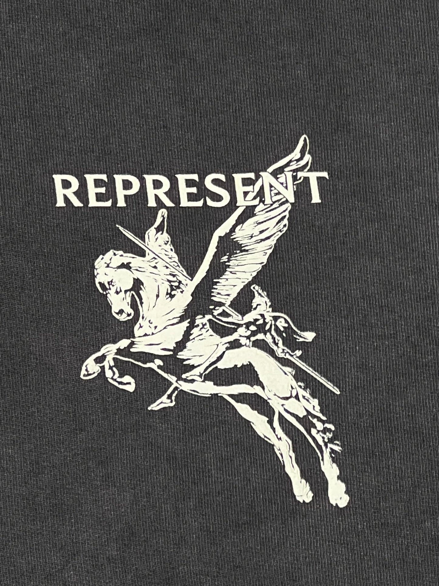 A REPRESENT black hoodie with the word "represent" and a Bellerophon graphic on it.