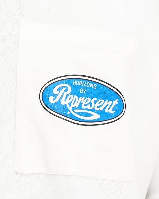 A white oversized fit REPRESENT MLM402-72 CLASSIC PARTS T-SHIRT WHT with a blue logo on it, made in Portugal.