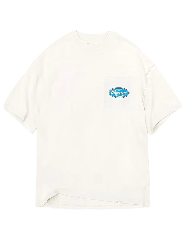 A white oversized fit REPRESENT MLM402-72 CLASSIC PARTS T-SHIRT WHT with a blue logo on it, made in Portugal.