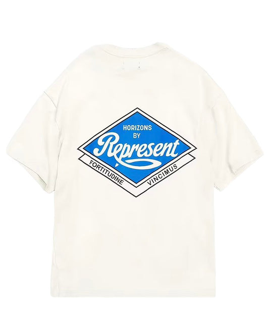A white oversized fit REPRESENT MLM402-72 CLASSIC PARTS T-shirt with the word "repent" on it, made in Portugal.