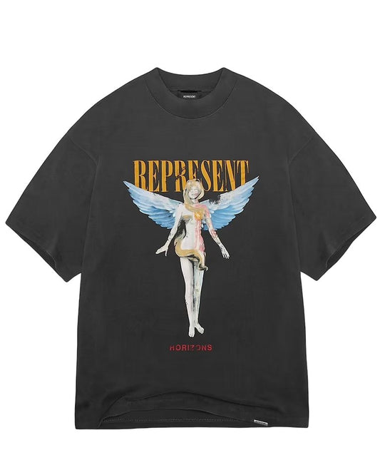 A black oversized fit, 100% Cotton REPRESENT REBORN T-SHIRT AGED with an angel on it.