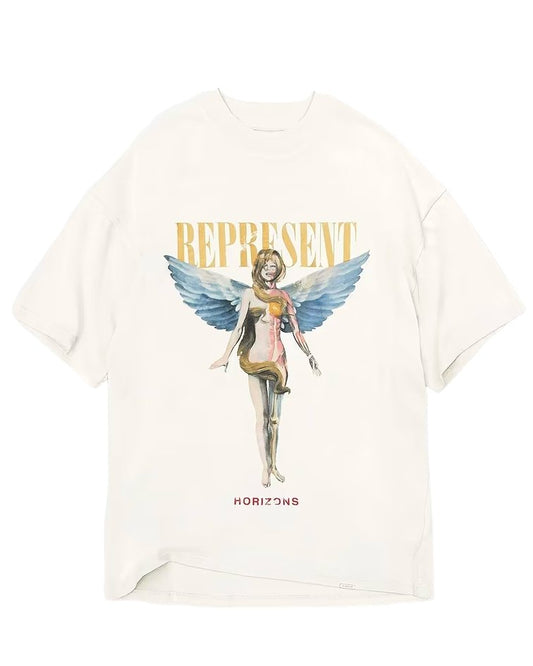A white oversized fit graphic T-shirt with an angel on it: REPRESENT MLM434-72 REBORN T-SHIRT FLAT