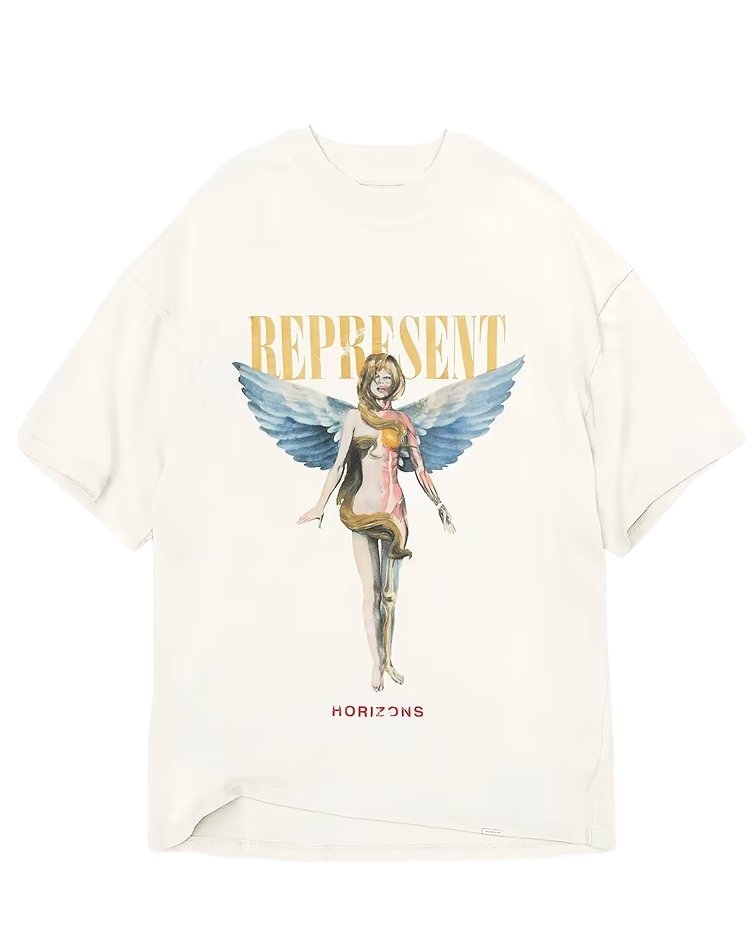 A white oversized fit graphic T-shirt with an angel on it: REPRESENT MLM434-72 REBORN T-SHIRT FLAT