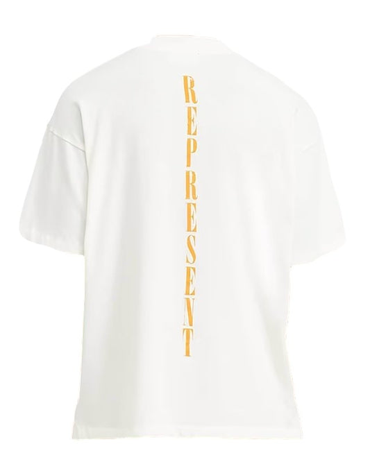 The back of a REPRESENT MLM434-72 REBORN T-SHIRT FLAT with the word 'represent' on it.