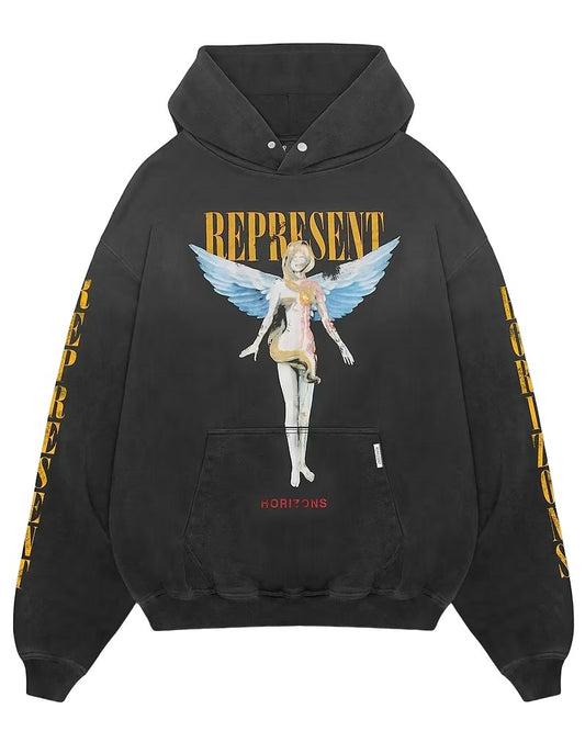 An oversized black graphic hoodie with an angel on it, from REPRESENT MLM435-444 REBORN HOODIE AGED.