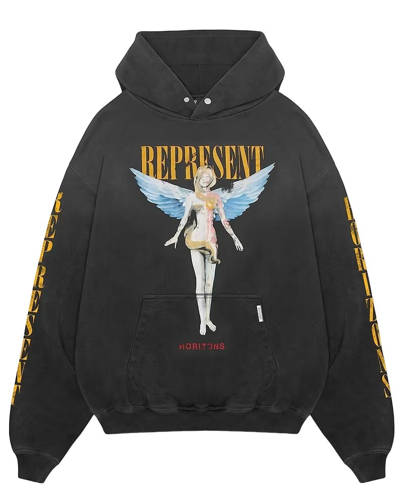 An oversized black graphic hoodie with an angel on it, from REPRESENT MLM435-444 REBORN HOODIE AGED.