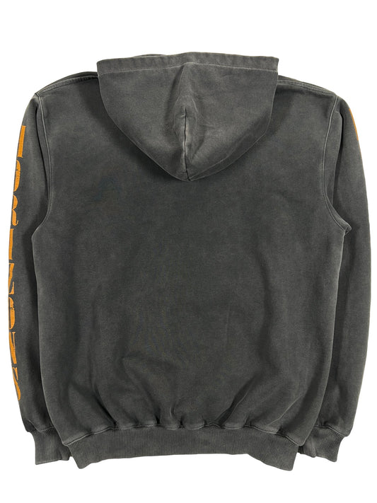 A grey oversized fit REPRESENT REBORN HOODIE AGED with orange stripes on it.