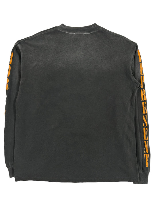 A REPRESENT black graphic long-sleeve t-shirt with orange lettering representing Portugal.