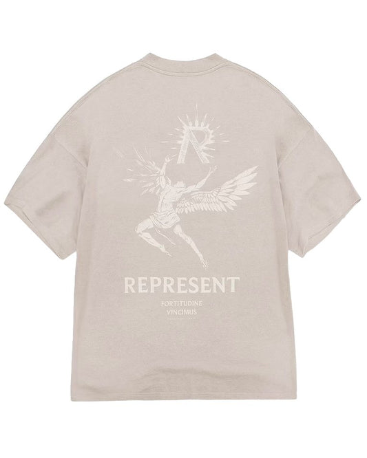 A white graphic T-shirt with the word "REPRESENT" on it, crafted from cotton for an oversized fit.