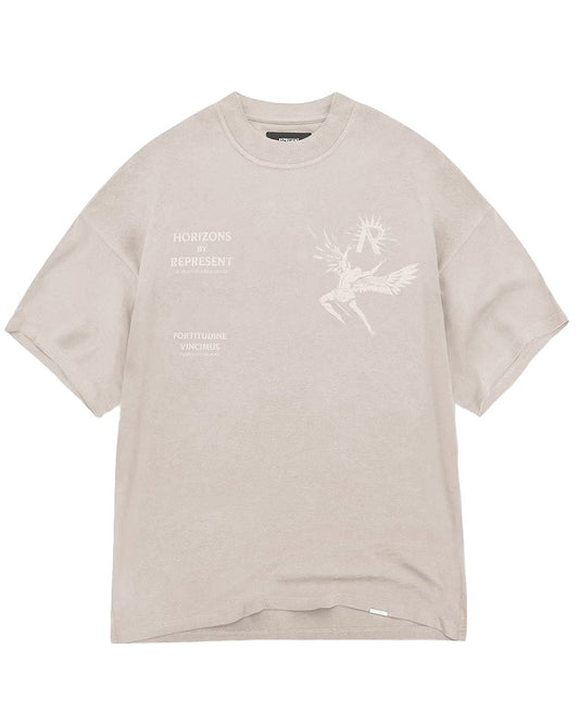 An oversized taupe cotton t-shirt with a graphic image of a horse on it by REPRESENT.