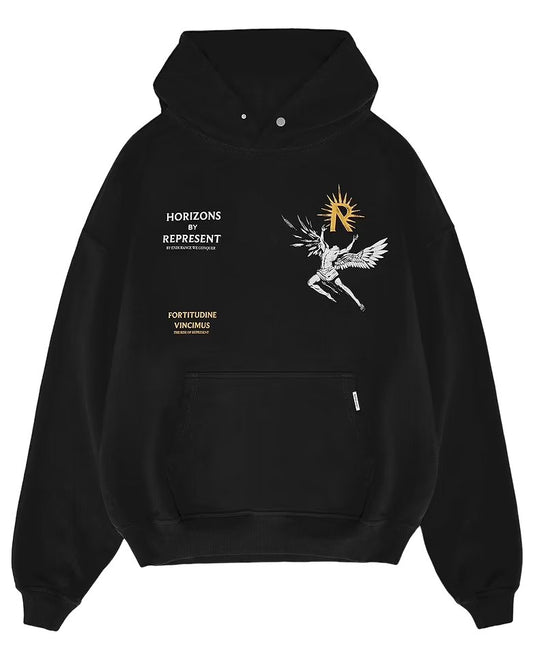 A REPRESENT MLM468-01 ICARUS HOODIE JET BLK with an image of a flying bird, designed in an oversized fit.