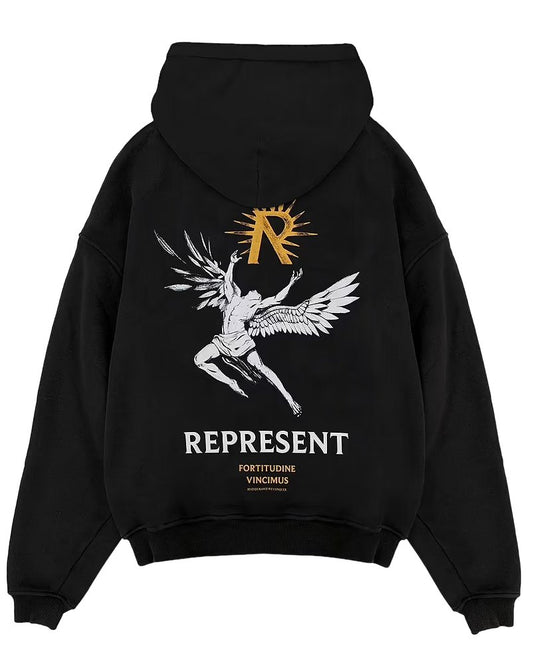 An oversized fit black REPRESENT MLM468-01 ICARUS HOODIE JET BLK with the word "Represent" on it.