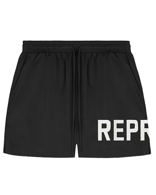 A black REPRESENT swimming trunk with the word repp on it.