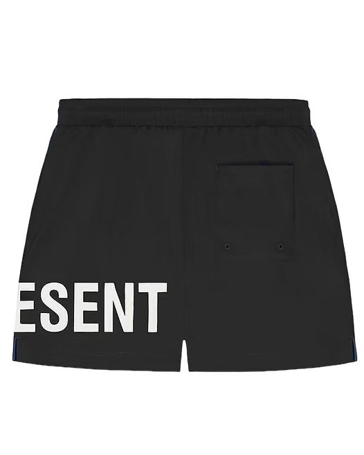 A black polyester swim short with the word REPRESENT on it.