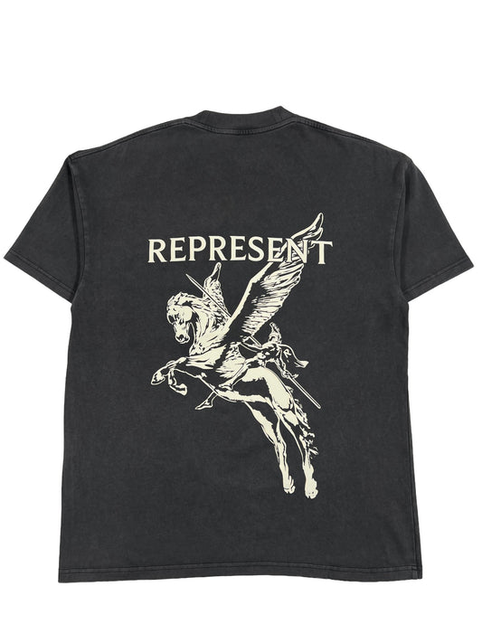 A vintage grey t-shirt with the words "Repent" on it in a REPRESENT graphic.