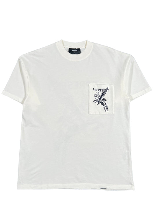 An oversized white REPRESENT MT4024-72 MASCOT T-SHIRT WHT with an image of a bird mascot on it.