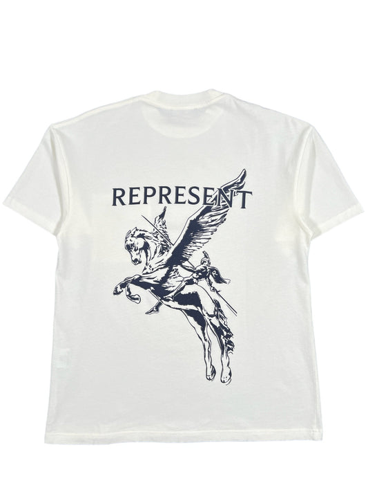 A white oversized fit REPRESENT MT4024-72 MASCOT T-SHIRT WHT with the word represent and a Bellerophon graphic on it.