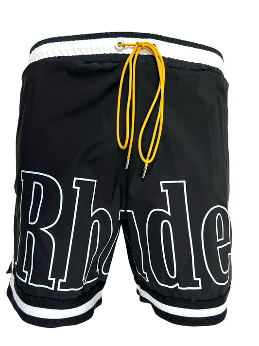 Sentence with replacement: Black RHUDE BASKETBALL SWIM SHORT BLK with white lettering and a yellow drawstring.