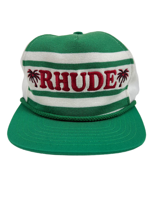 A green and white RHUDE BEACH CLUB hat with a minimalist design.