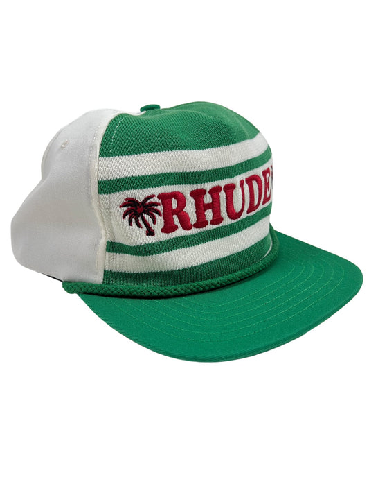 A high-quality green and white RHUDE BEACH CLUB hat with the word rhude on it.