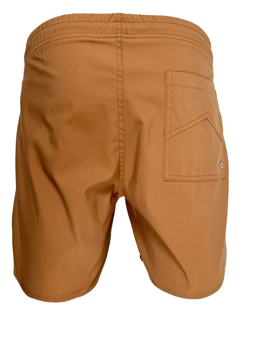The back view of a men's tan RHUDE CAMEL LOGO swimming trunks.