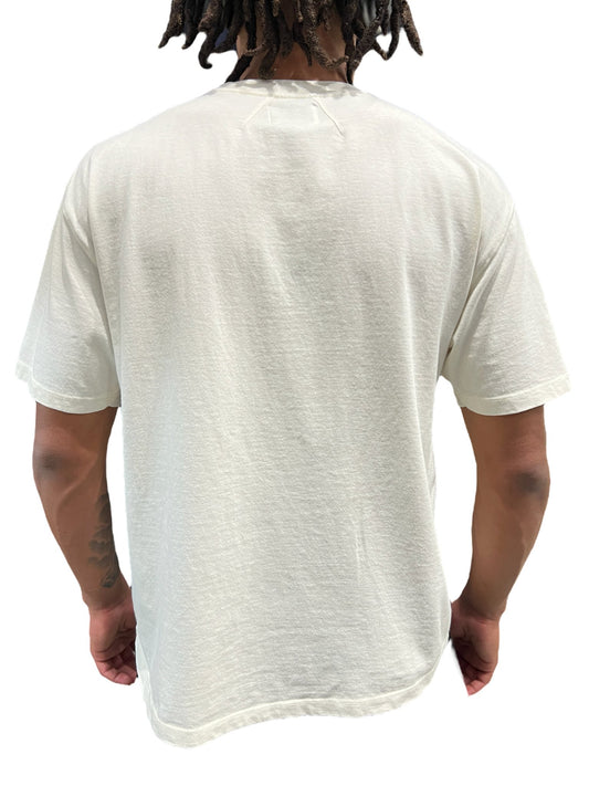 The back of a man wearing a RHUDE CHEVRON EAGLE TEE WHT made in the USA.