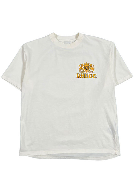 A white RHUDE Cresta Cigar tee with a yellow flower on it.