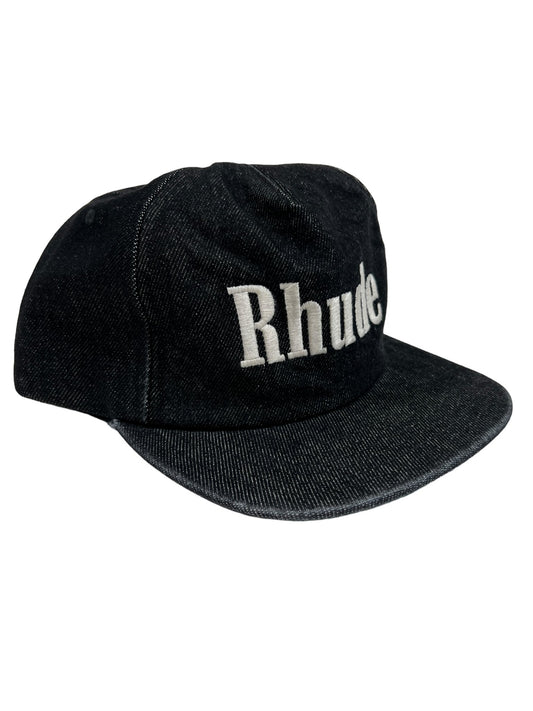 A black RHUDE DENIM LOGO HAT featuring a minimalist design with the word "rhude" on it.