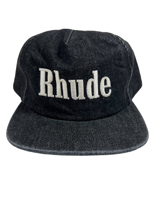 A high-quality materials black RHUDE DENIM LOGO HAT with the word RHUDE on it.