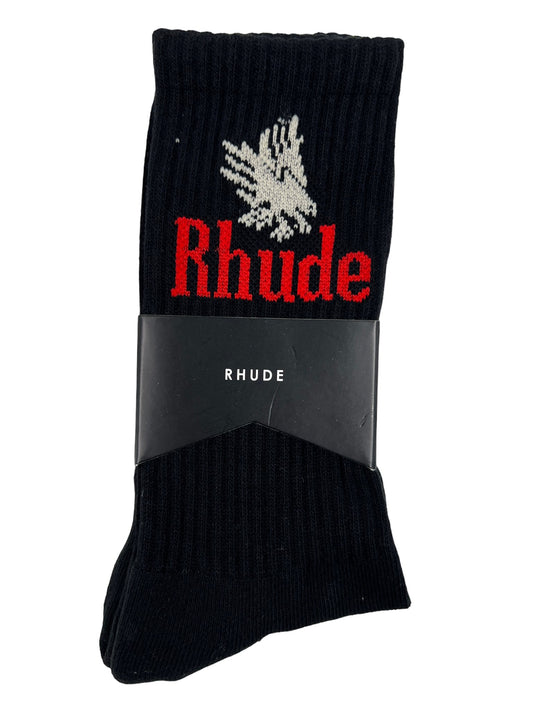 A black cotton sock with the RHUDE EAGLES SOCK BLACK/RED/YELLOW on it.
