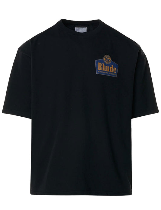 A black cotton tee shirt with a RHUDE GRAND CRU TEE BLK logo on it.