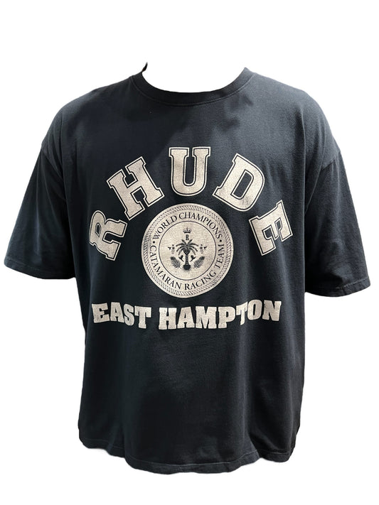 A black cotton jersey RHUDE HAMPTON CATAMARAN T-shirt that says "shade east hampton" with a logo graphic.