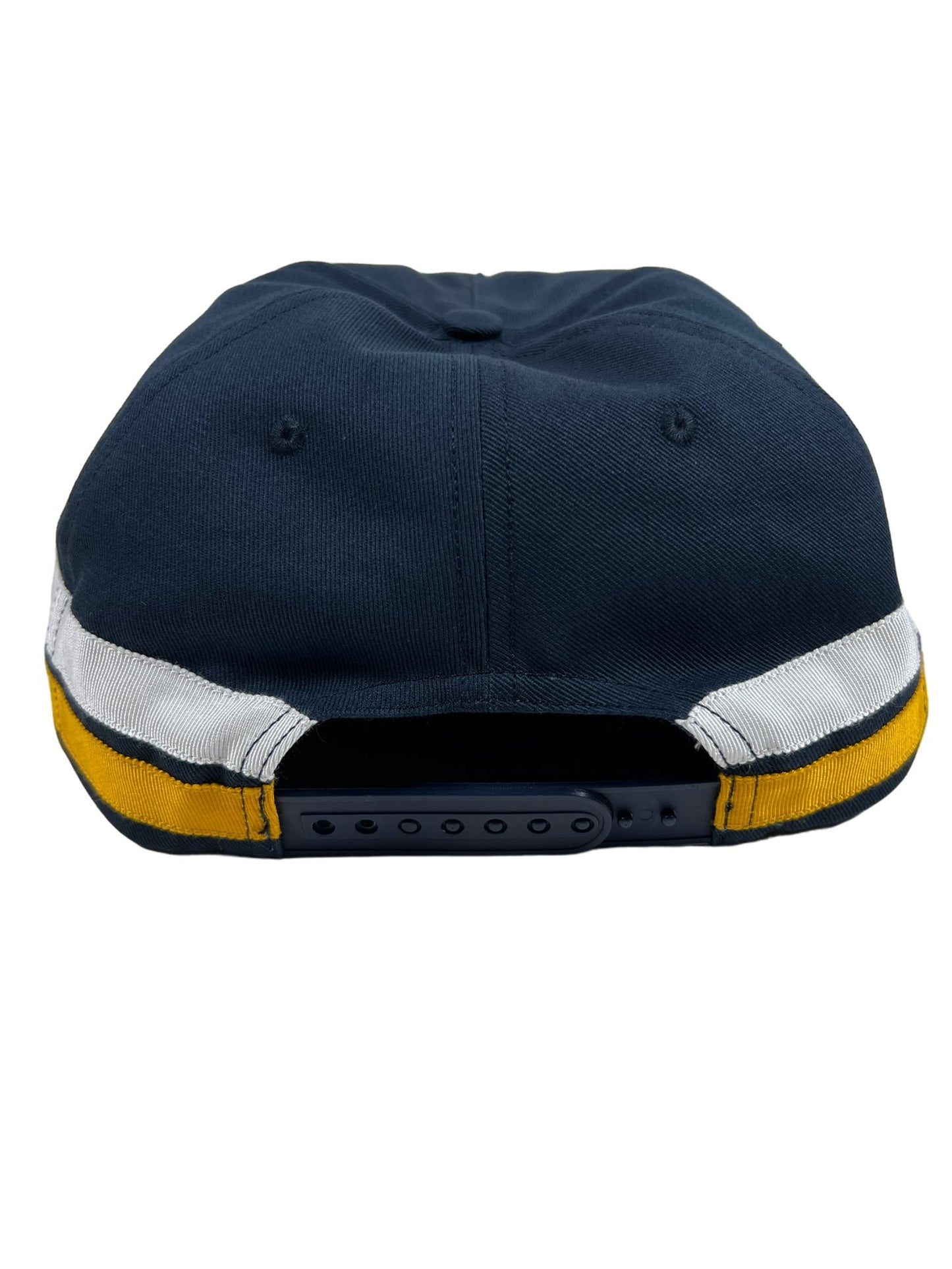 The high-quality materials, RHUDE LIGHTING PANEL HAT in navy and yellow.