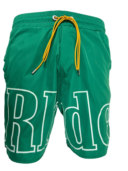 A green nylon swim short with the RHUDE LOGO TRACK SHORT GRN on it.