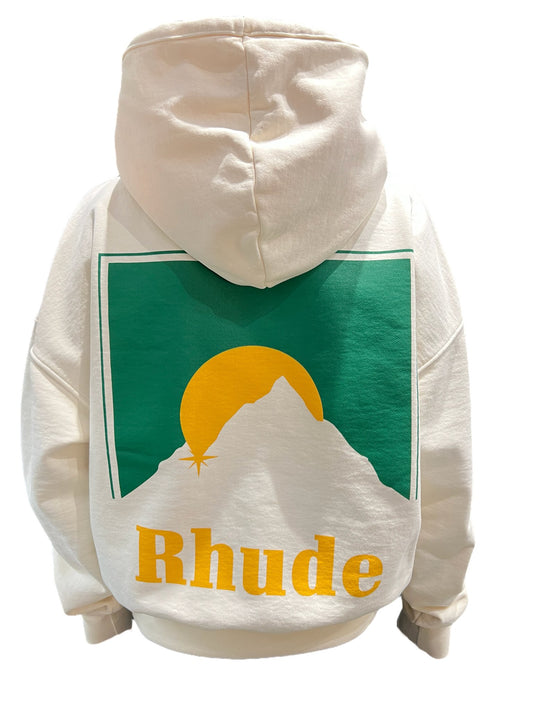 A RHUDE Moonlight Hoodie Vtg White with the word "rhude" on it.
