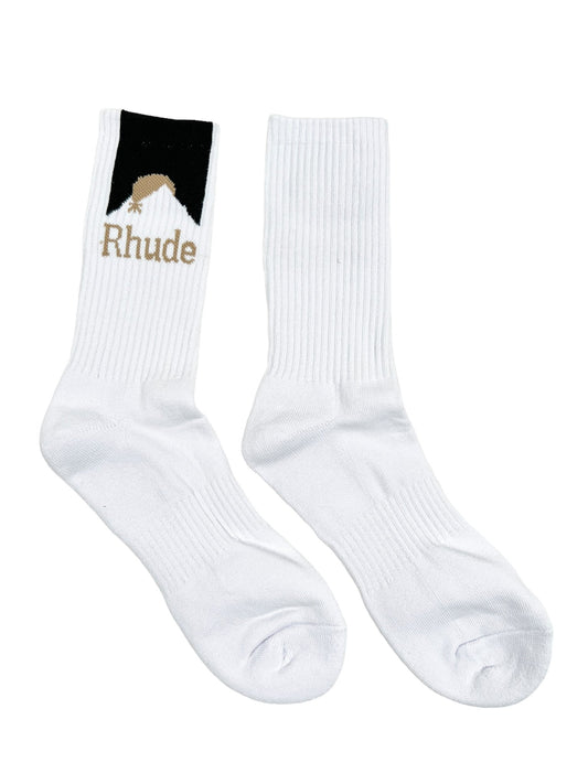 A pair of white RHUDE MOONLIGHT SOCK WHITE/BLACK socks with the word flaute on them.