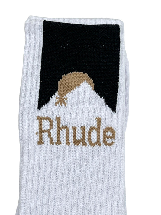 A white cotton sock with the RHUDE MOONLIGHT SOCK WHITE/BLACK on it.