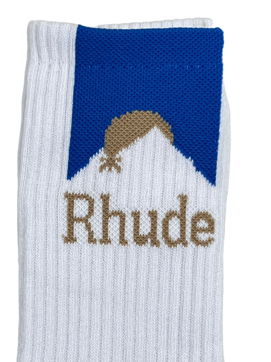 A white cotton sock with the word RHUDE MOONLIGHT SOCK WHITE/BLUE on it.