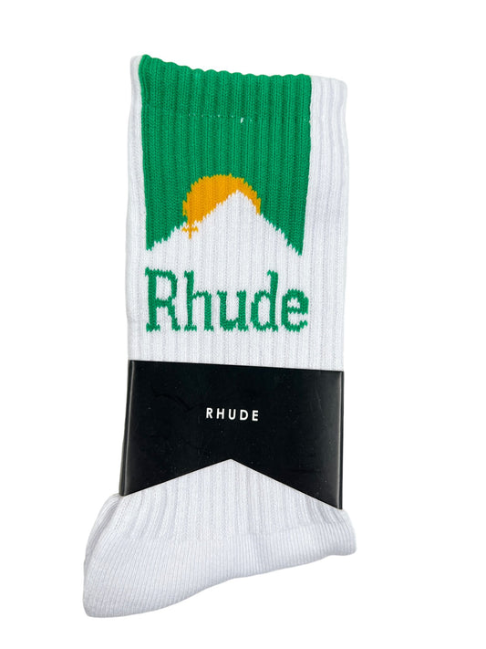 A RHUDE white cotton sock with the word RHUDE on it.