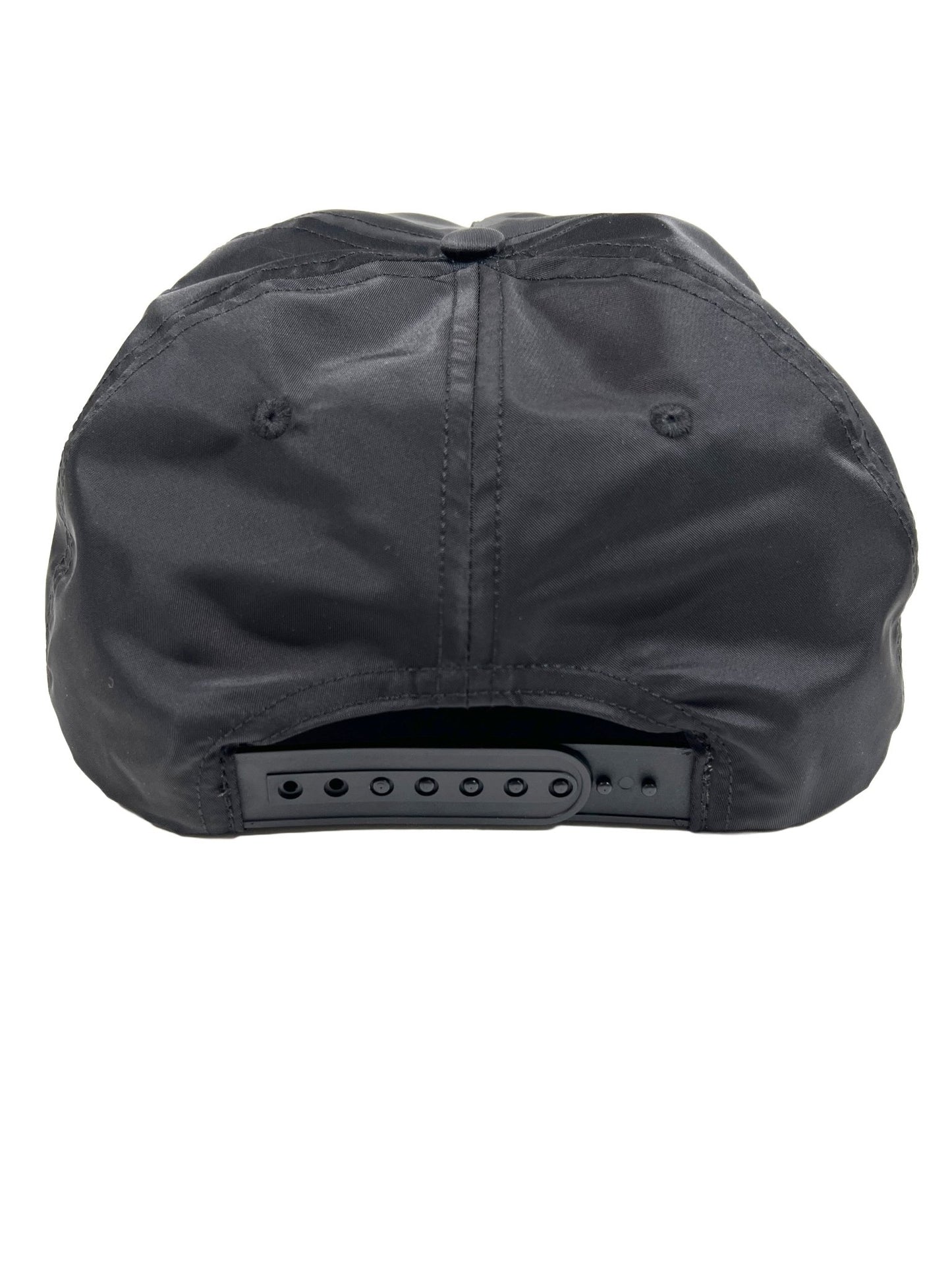 The back of a RHUDE NYLON 4X4 HAT BLACK snapback hat.