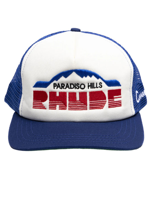 RHUDE trucker hat with logo embroidery.