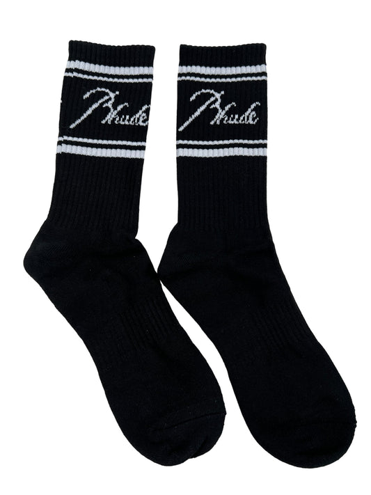 A pair of RHUDE black cotton socks with the word phoenix on them.