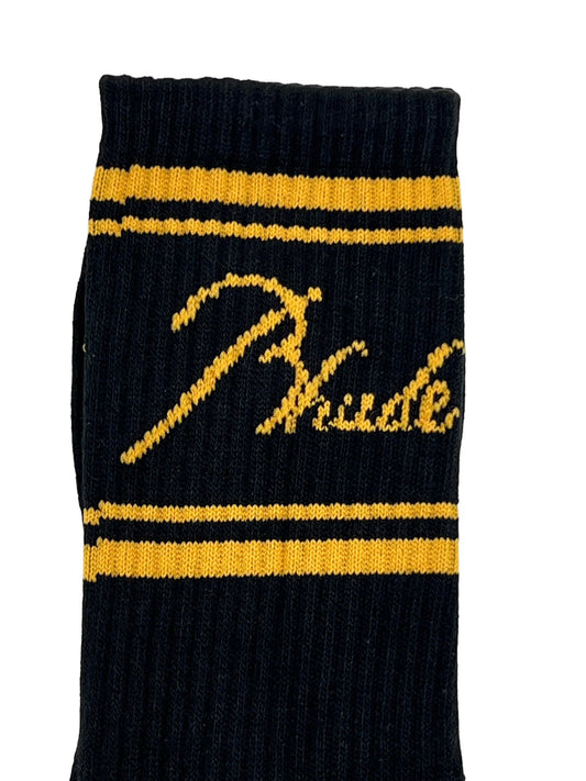 A black and yellow striped Rhude sock with the word phudde on it. 
Product Name: RHUDE SCRIPT LOGO SOCK BLK/YEL
Brand Name: RHUDE