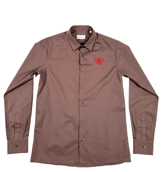 A brown long sleeve FAMILY FIRST shirt with a red heart on it, symbolizing "Family First.