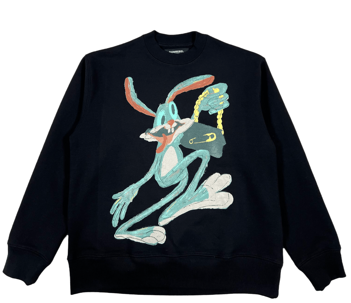 A black Dom Rebel Shopper Sweatshirt with a cartoon rabbit on it.
