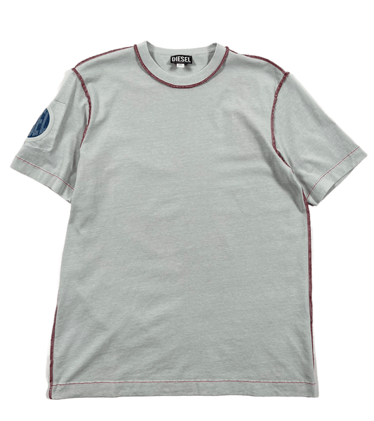 A pale grey DIESEL T-JUST-LOCK t-shirt with red trim.