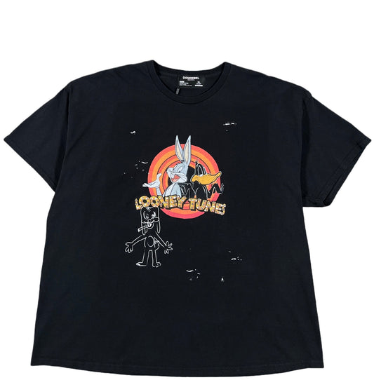 A DOMREBEL VINTAGE TOON CAPSULE BLACK graphic t-shirt with an image of a rabbit in space, featuring Swarovski embellishments.
