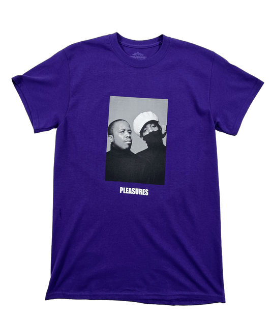 A PLEASURES purple t-shirt adorned with a black and white photo of two men, showcasing the pleasures of vocabulary.