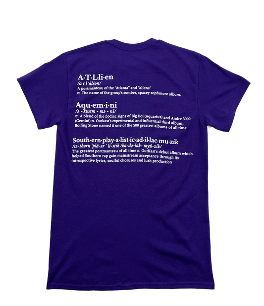 A purple PLEASURES t-shirt with white text on it featuring Vocabulary.