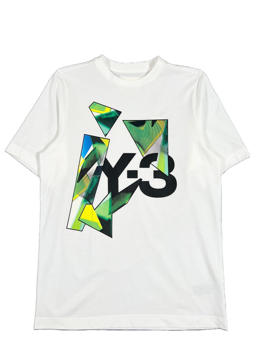 A ADIDAS x Y-3 Y-3 T-SHIRT IL1790 GRAPHIC SS CORE WHITE/MULTICOLOR with a geometric graphic logo design on it.